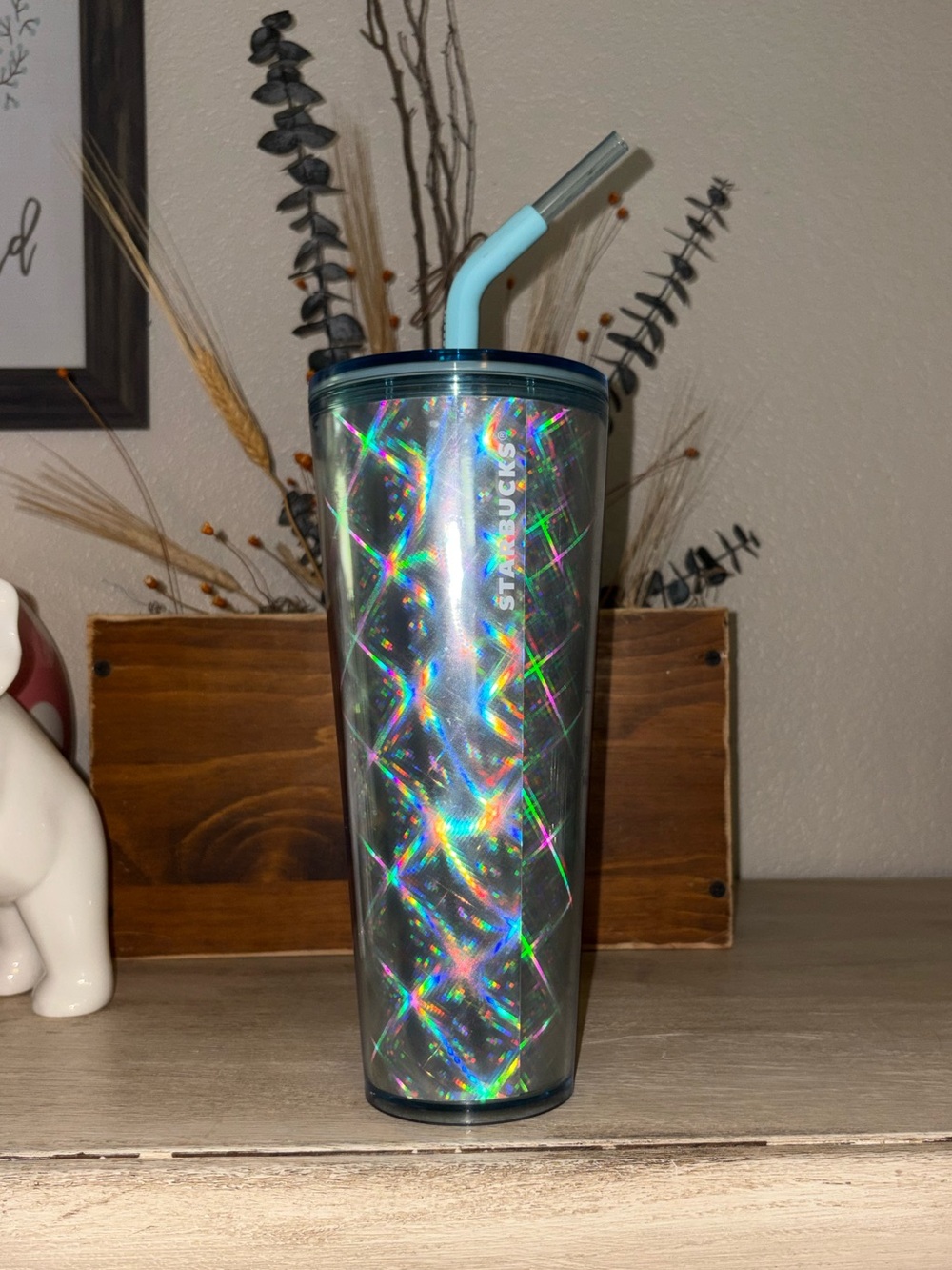 Starbucks Iridescent Holographic Silver Tumbler with Blue Lid and Straw